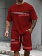 Casual Stripe Printed T-shirt Shorts Set Large Size Loose Men's Short Sleeve Tee Elastic Waist Shorts 2-piece Set Sports Clothes