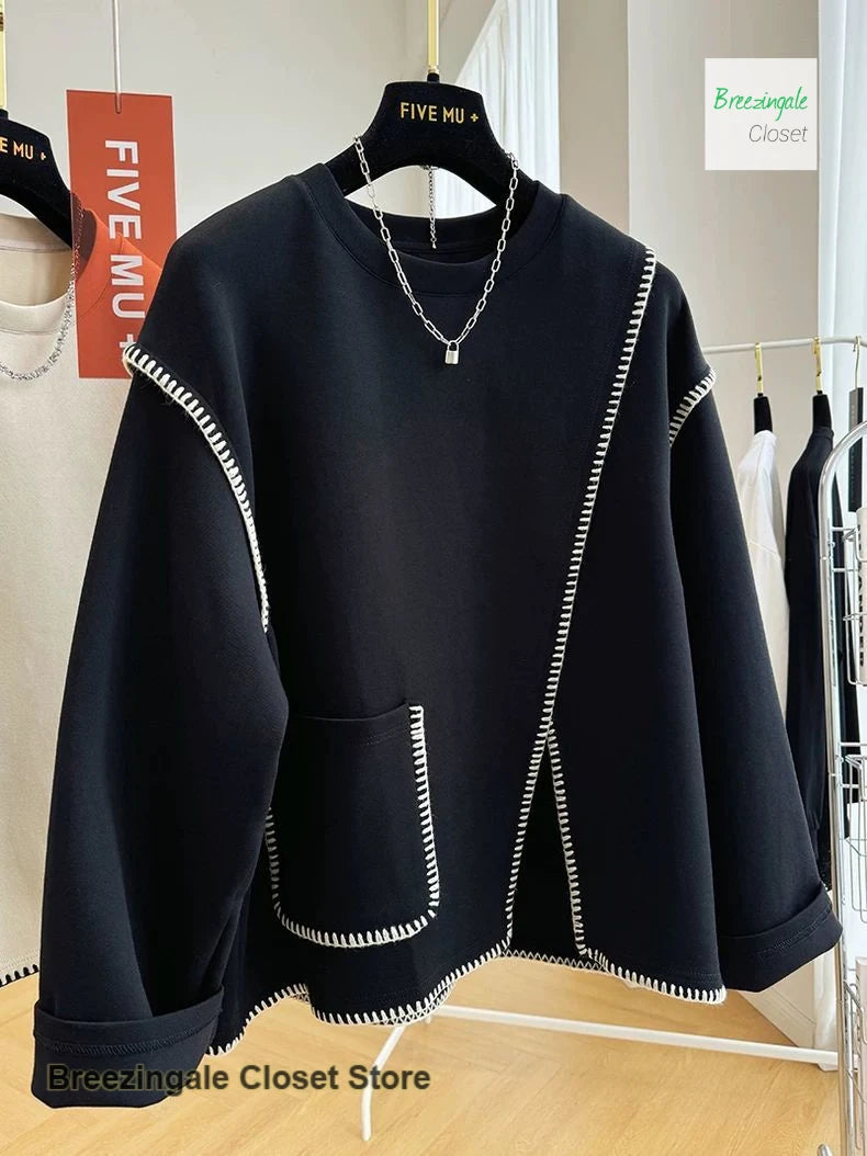 French style solid color extra-large design sense round neck sweater women's new loose fashion casual top in spring and autumn