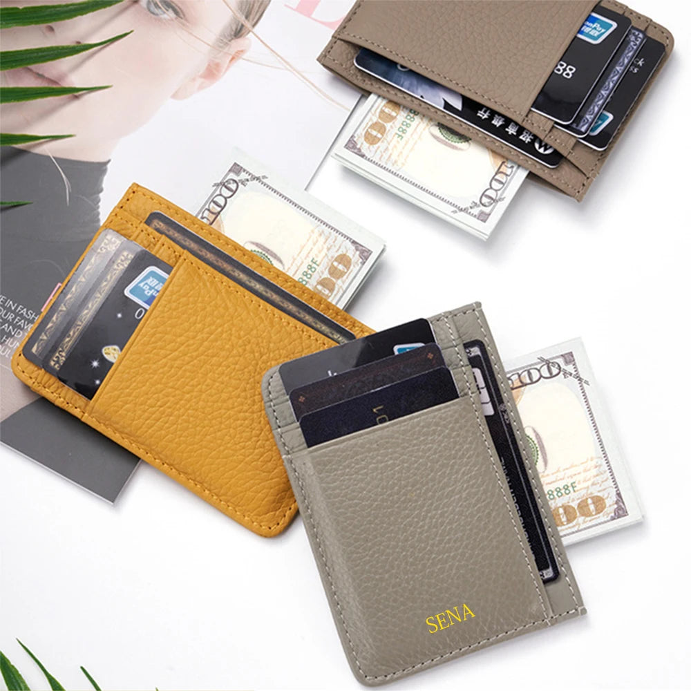 Custom Company Logo Cowhide Card Holder Woman Man Fashion Slim Mini Card Bag Genuine Leather Engrave Name Luxury Casual Purse