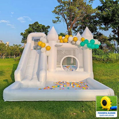 Inflatable White Bounce House Castle with Hair Dryer, Castle Commercial Grade Wedding Bouncer for Kids 3-15 Years Old