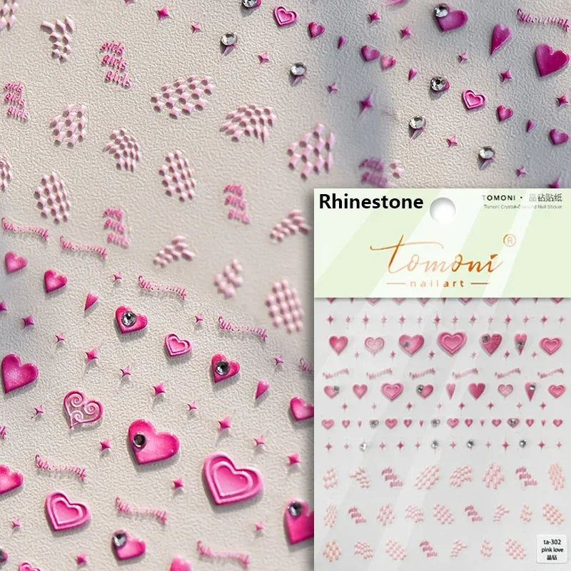 5D Cute Rabbit Love Heart Peach Blossom Flower Yellow Nail Art Stickers Bowknot DIY Self Adhesive Rhinestone Manicure Decals