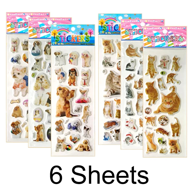 6 Sheets 3d Pet Dog and Cat Stickers for Car Styling Scrapbook Animal Bubble Reward Stickers for Kids Gift for Boy Girl Toy