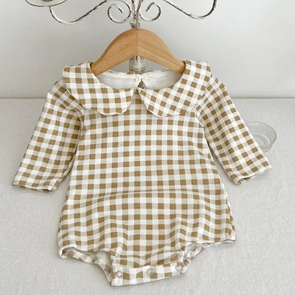 2024 New Spring Children Clothes Toddler Baby Girls Romper Long Sleeved Cotton Lattice Printing Infant Baby Girls Jumpsuit