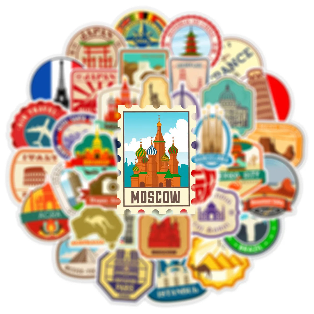 10/25/50pcs Retro World Travel Landmark Stickers Graffiti Vintage Post Stamp Style for Scrapbook Luggage Laptop Phone Car