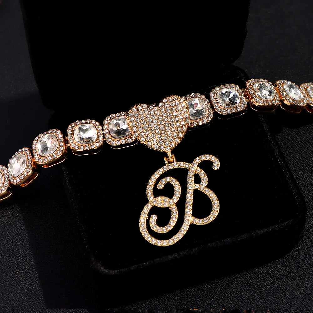 Hip Hop Bling Crystal Cursive Letter Initial Pendant Necklace Women Iced Out Cuban Choker Square Tennis Chain Necklace Jewelry
