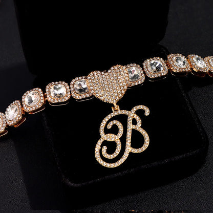 Hip Hop Bling Crystal Cursive Letter Initial Pendant Necklace Women Iced Out Cuban Choker Square Tennis Chain Necklace Jewelry
