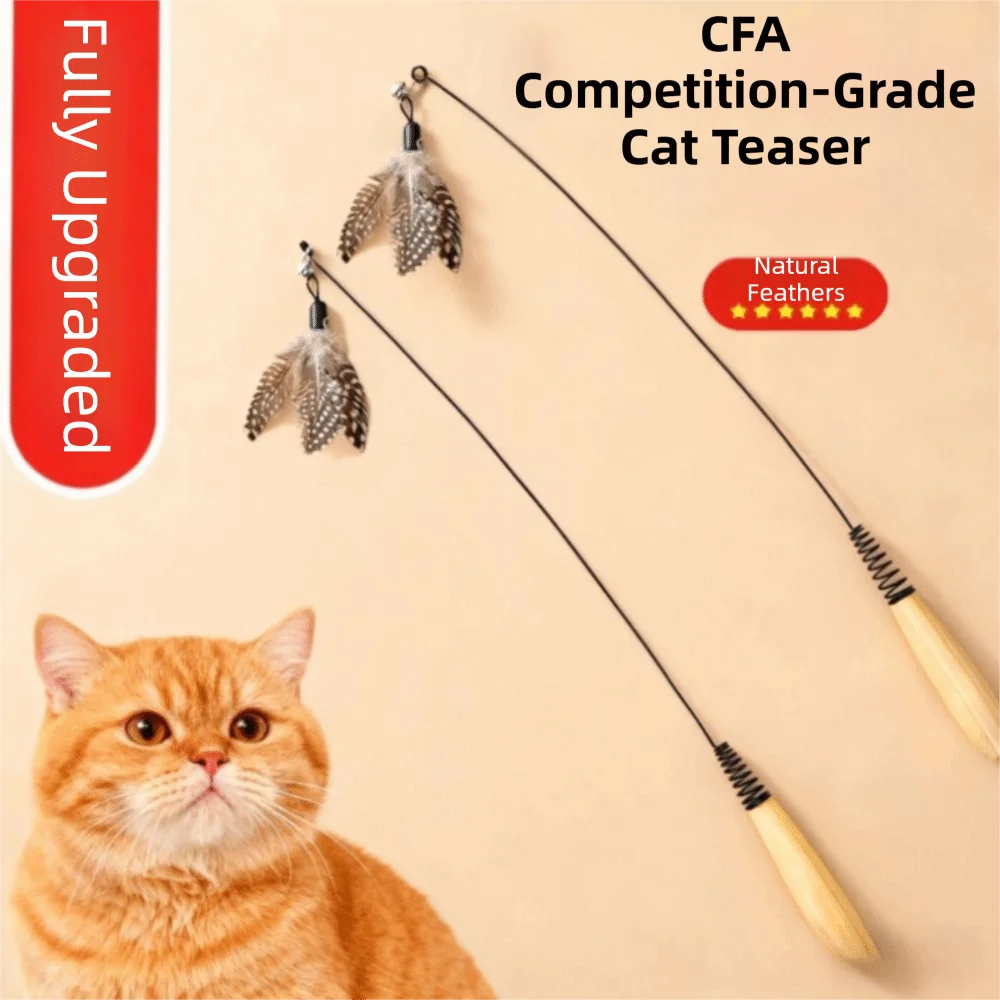 Wooden Handle Spring Teasing Cat Stick Feather Simulation Fishing Rod Cat Teaser Stick Interactive Replaceable Bell Squeaky Cat