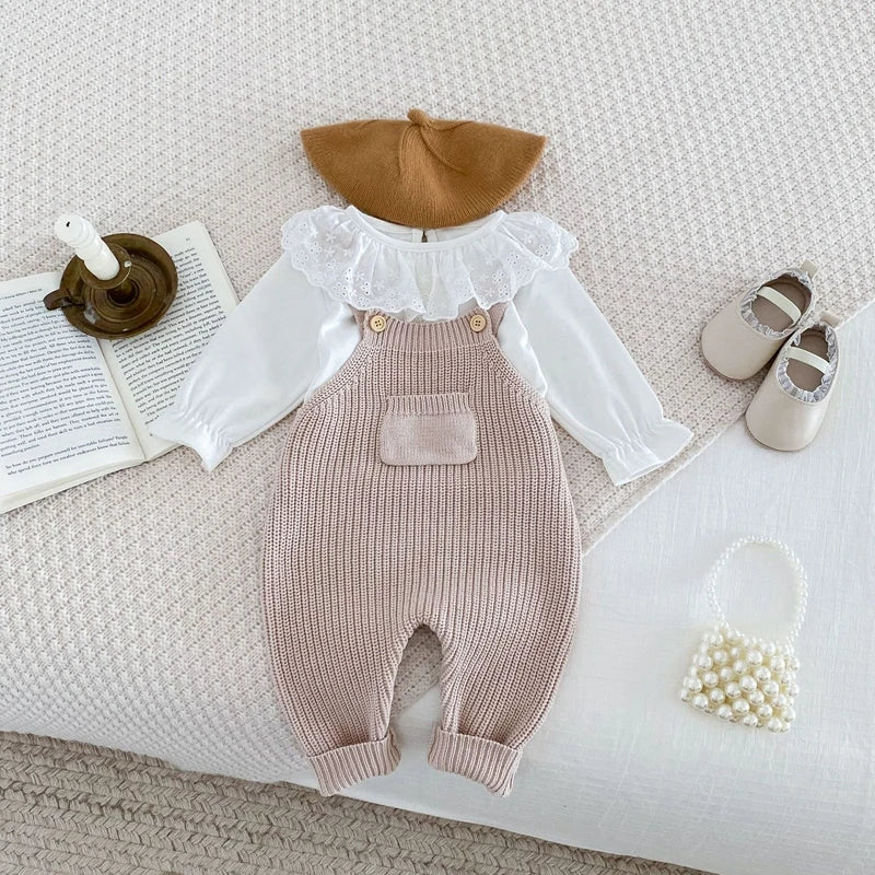 FOCUSNORM 0-3Y Winter Baby Boys Girls Overalls Jumpsuits Sleeveless Front Pocket Solid Color Knitted Romper Outfit