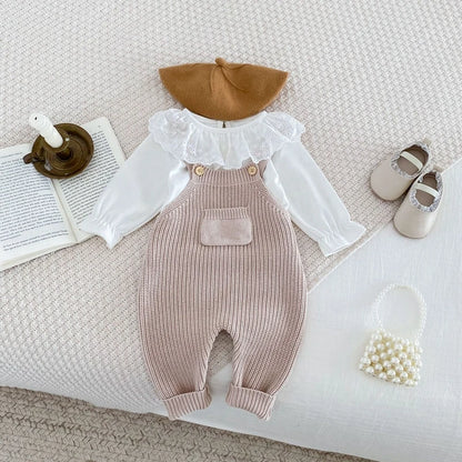 FOCUSNORM 0-3Y Winter Baby Boys Girls Overalls Jumpsuits Sleeveless Front Pocket Solid Color Knitted Romper Outfit