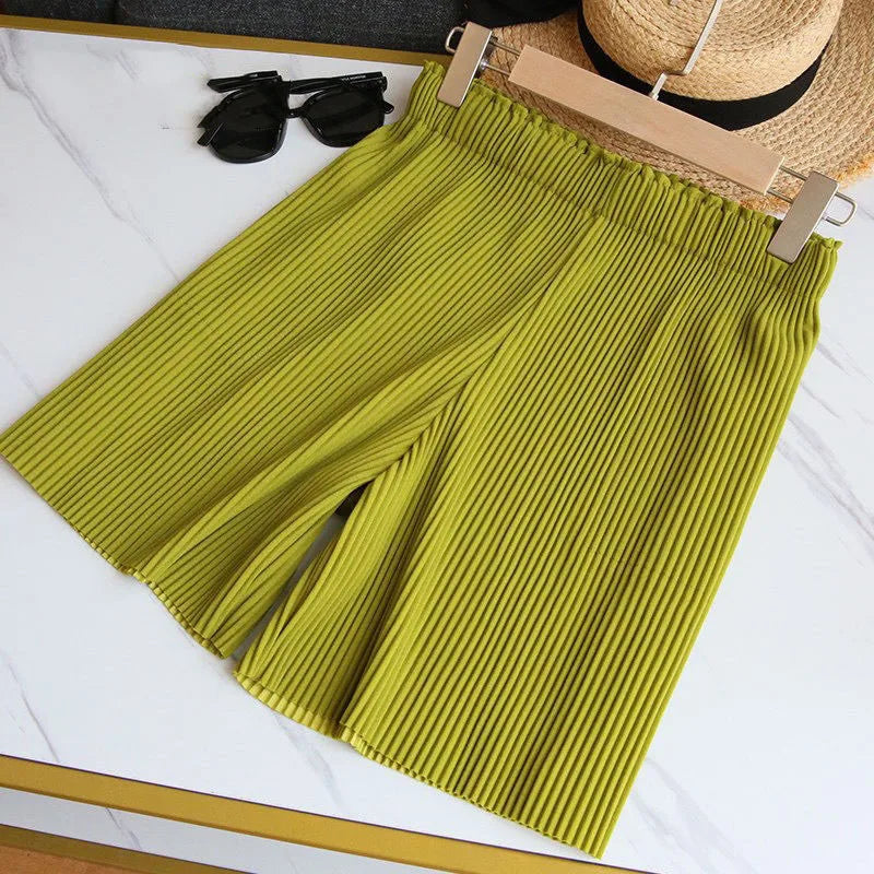 Women Casual Wide Leg Shorts 2025 Summer Elastic High Waist Pleated Shorts Woman Solid Color Loose Ice Silk Knee-Length Pants
