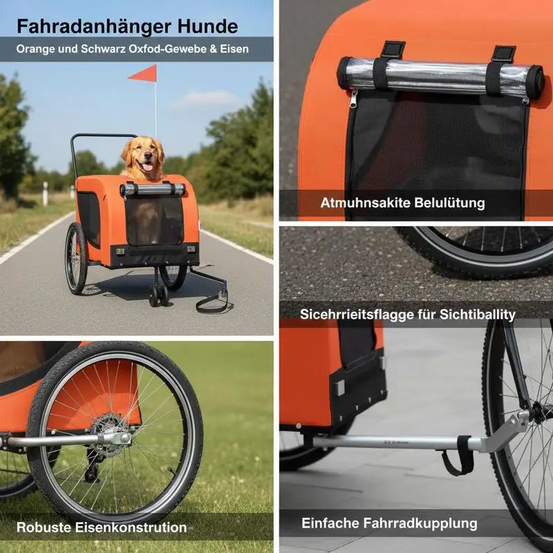 Bicycle Dog Trailer – Sturdy Steel Frame with Oxford Fabric, Weather-Resistant PVC Window & Ventilated Interior faltbar platzsparend leichtes Aluminiumgestell mit Netzgitter für gute Belüftung Hundebuggy mit Sonnenschutz