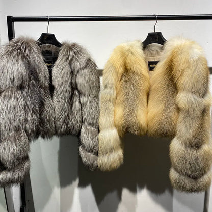 YOLOAgain Women's Natural Fox Fur Jacket 2025 Winter Warm Luxury Real Fox Fur Coat