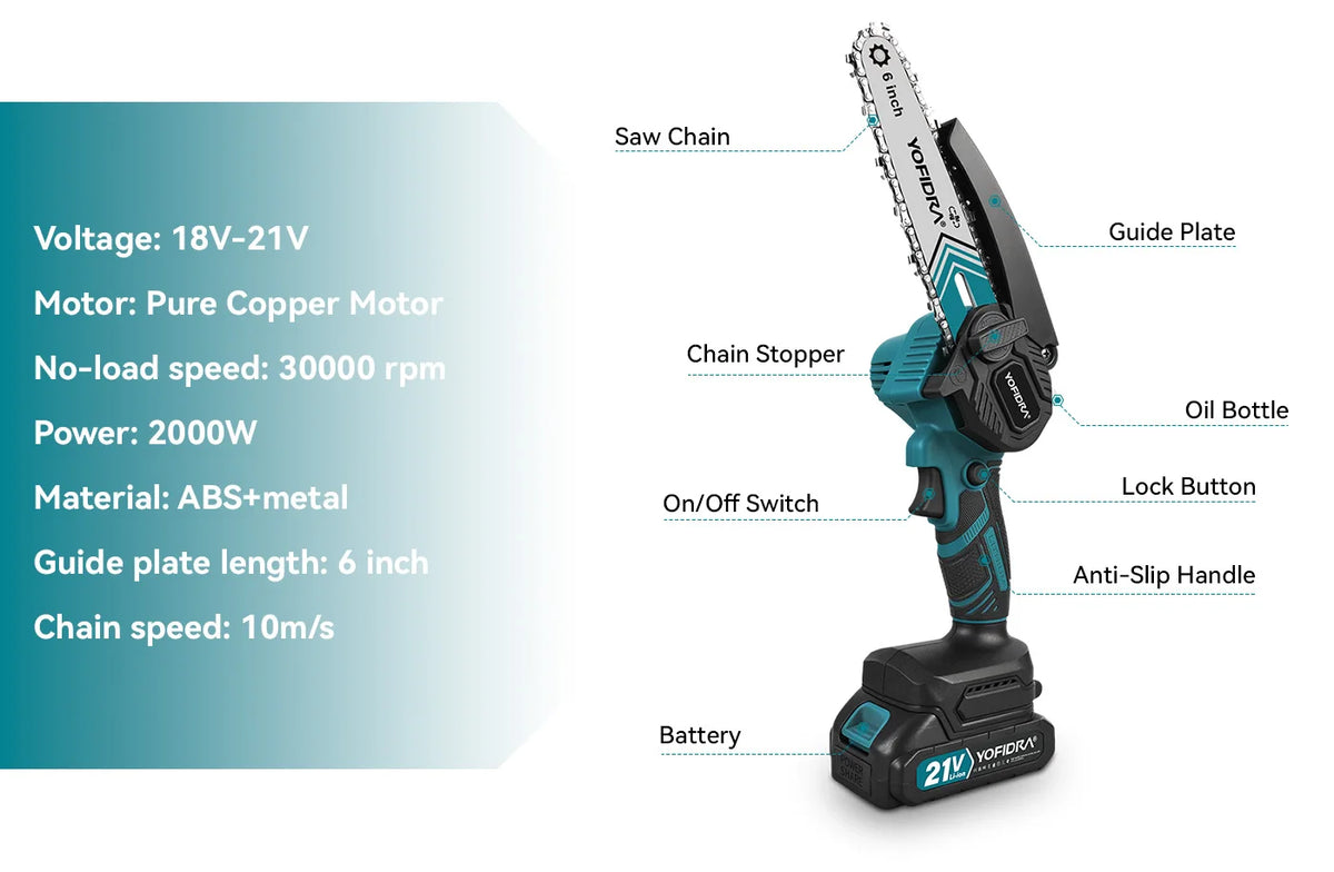 YOFIDRA 6 Inch Electric Chainsaw Cordless Oiler Garden Wood Cutting Logging Pruning Saw Power Tool For Makita 21V Battery Pin