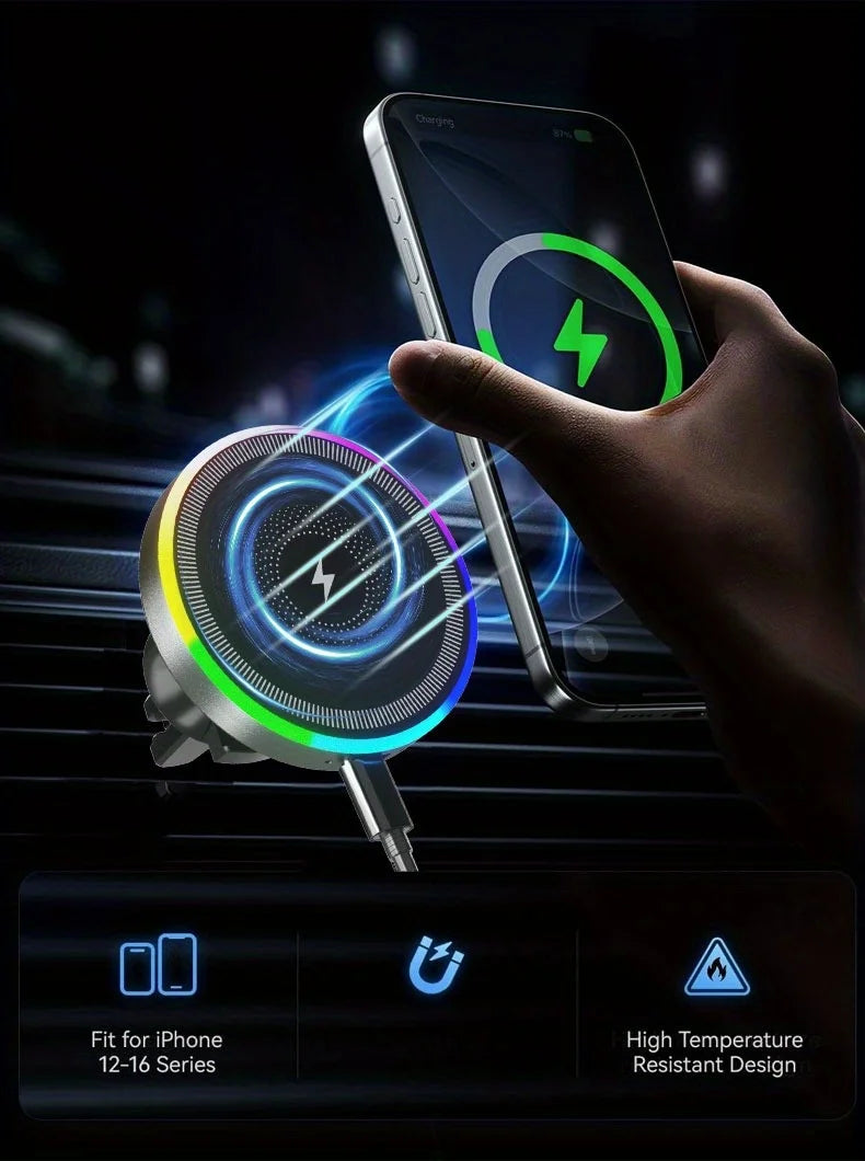 RGB Light Car Magnetic Phone Holder Air Vent Stand Wireless Charger For Magsafe iPhone 16 15 14 13 12 Pro Max Fast Charging Dock