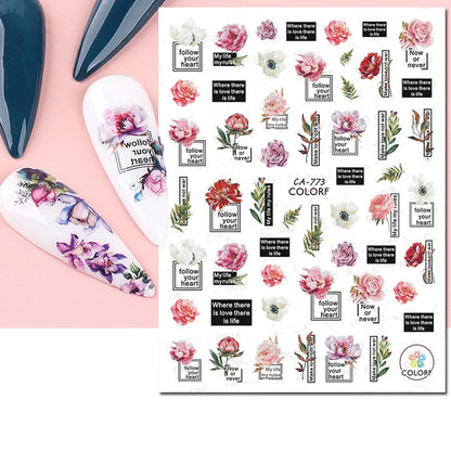 3d Nail Art Decals Watercolor Florals Purple Green Pink Flowers Leafs Fruit Adhesive Sliders Nail Stickers For Manicure