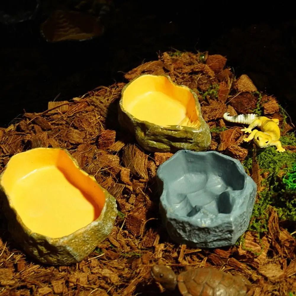 Multi-functional Reptile Feeding Bowl Multicolor Tree Stump Shape Crawler Water Basin Faux Stone Leak Proof