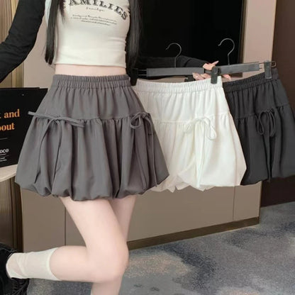 Zjaiss 2026 Summer Ballet Style Bow A-Line Women's Mini Skirts High Elastic Waist Tie Pleated Bud Balloon Skirt