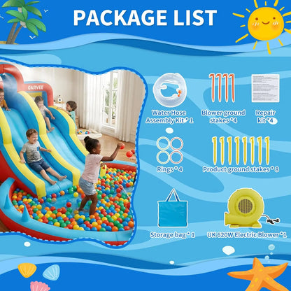 Garvee Kids Bouncy Castle with Water Slide, Large Inflatable with Blower, Jumping Area, Water Gun, Splash Pool, Outdoor Slide, Children’s Play Bouncer for Indoor or Outdoor Garden Games, Backyard Toy