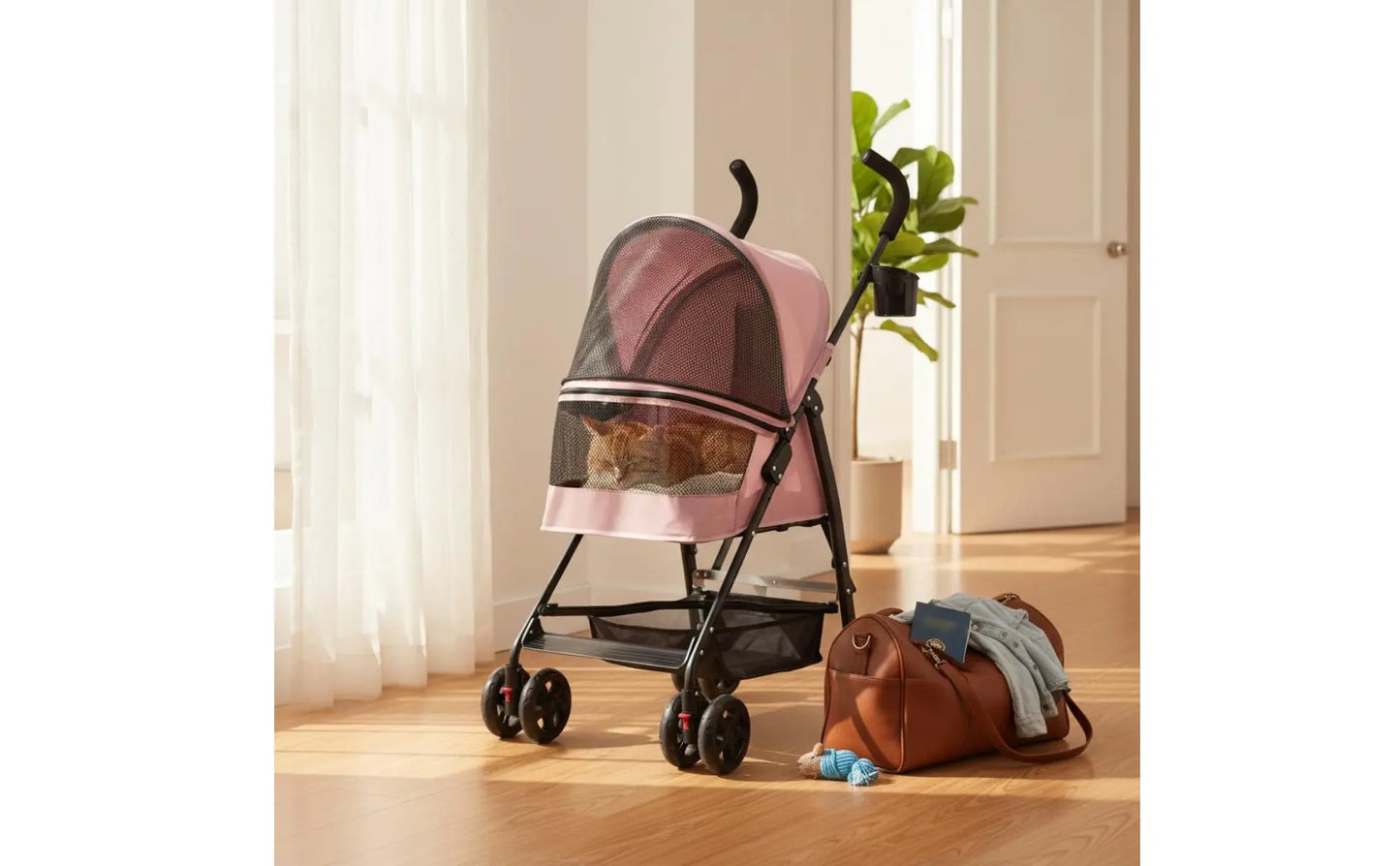 Foldable Pet Stroller Ventilated Lightweight Pet Stroller Brake System Cup Holder for Dogs, Travel, Park