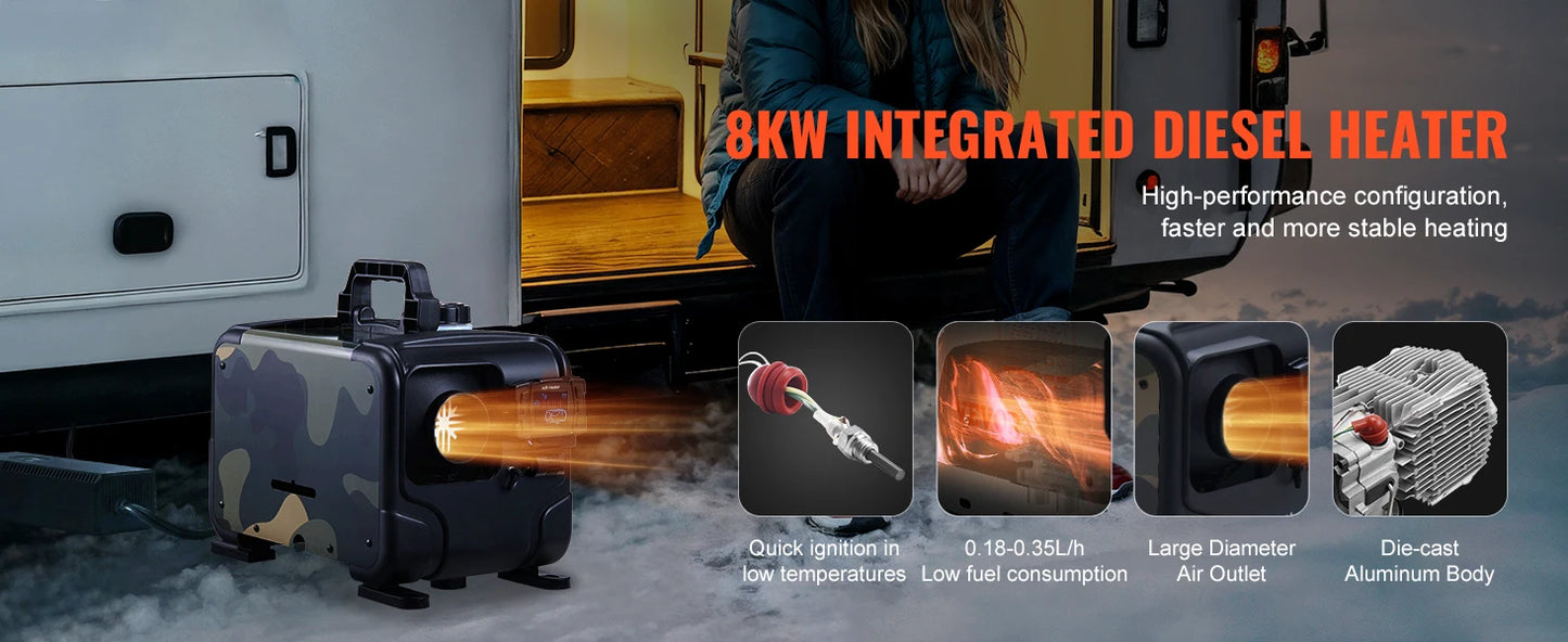 SucceBuy 8KW Car Heater 12V/24V All in One Diesel Air Heater Bluetooth/Display/CO Alarm Horizontal Diesel Heater for Vehicle RV