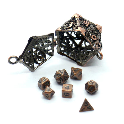 D20 Metal Hollow Box+7pcs Metal Dice Set, Portable Board Game Dice Mini Kit