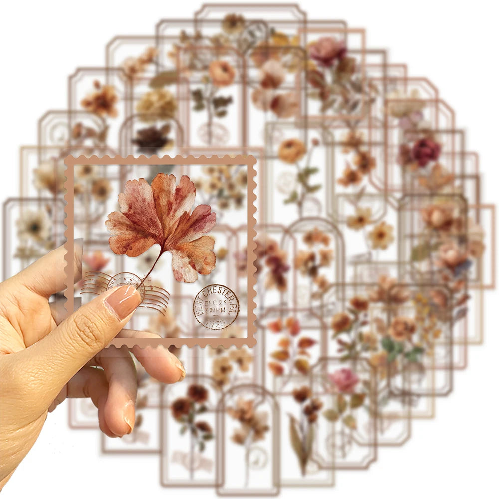 10/30/50pcs INS Style Retro Brown Flowers Stamp Stickers Aesthetic Decals DIY Luggage Motorcycle Bike Cartoon Decoration Sitcker