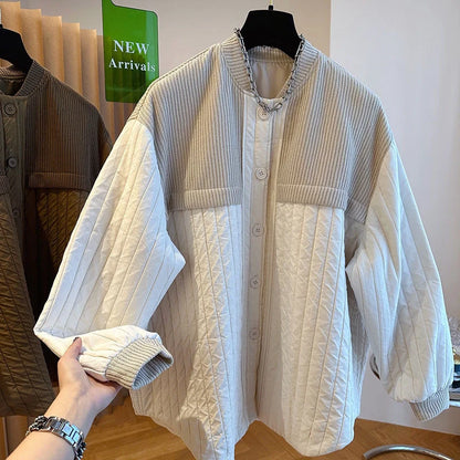 Women Autumn Advanced Design Sense, Niche Loose Casual Knit Stitching, Striped Cotton Coat Winter Light Thin Small Cotton Jacket
