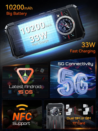 Cubot Rugged Smartphone 5G King Kong 11, Android 15, Up to 32GB RAM+256GB ROM, 108MP Camera, 10200mAh, Dual Screen, MTK7025, 6nm
