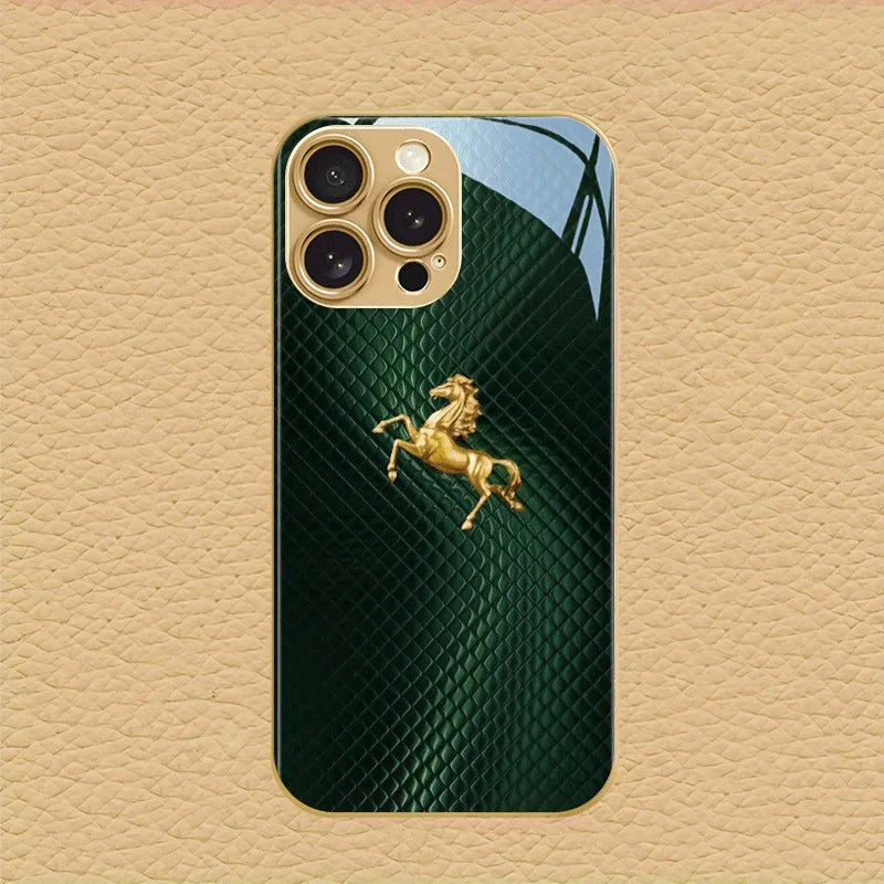 Green Plaid Gold Horse Pattern Metallic Paint Glass Phone Case For iPhone 17 16 15 14 13 12 11 Pro Max 15 Plus 17 Air 16E Cover