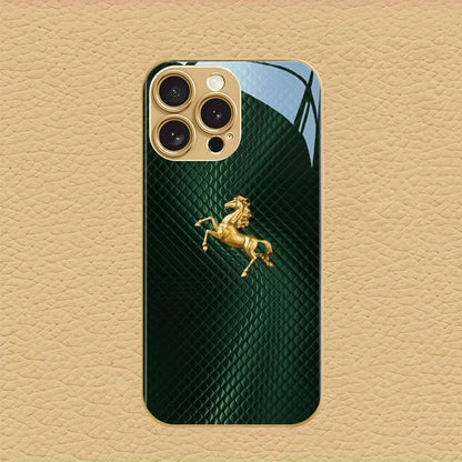 Green Plaid Gold Horse Pattern Metallic Paint Glass Phone Case For iPhone 17 16 15 14 13 12 11 Pro Max 15 Plus 17 Air 16E Cover