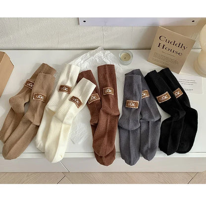 1/3Pairs Winter Thick Warm Padded Socks Solid Color Mid Calf Socks Women’s Casual Embroidered Logo Pile Socks Cold Weather Wear