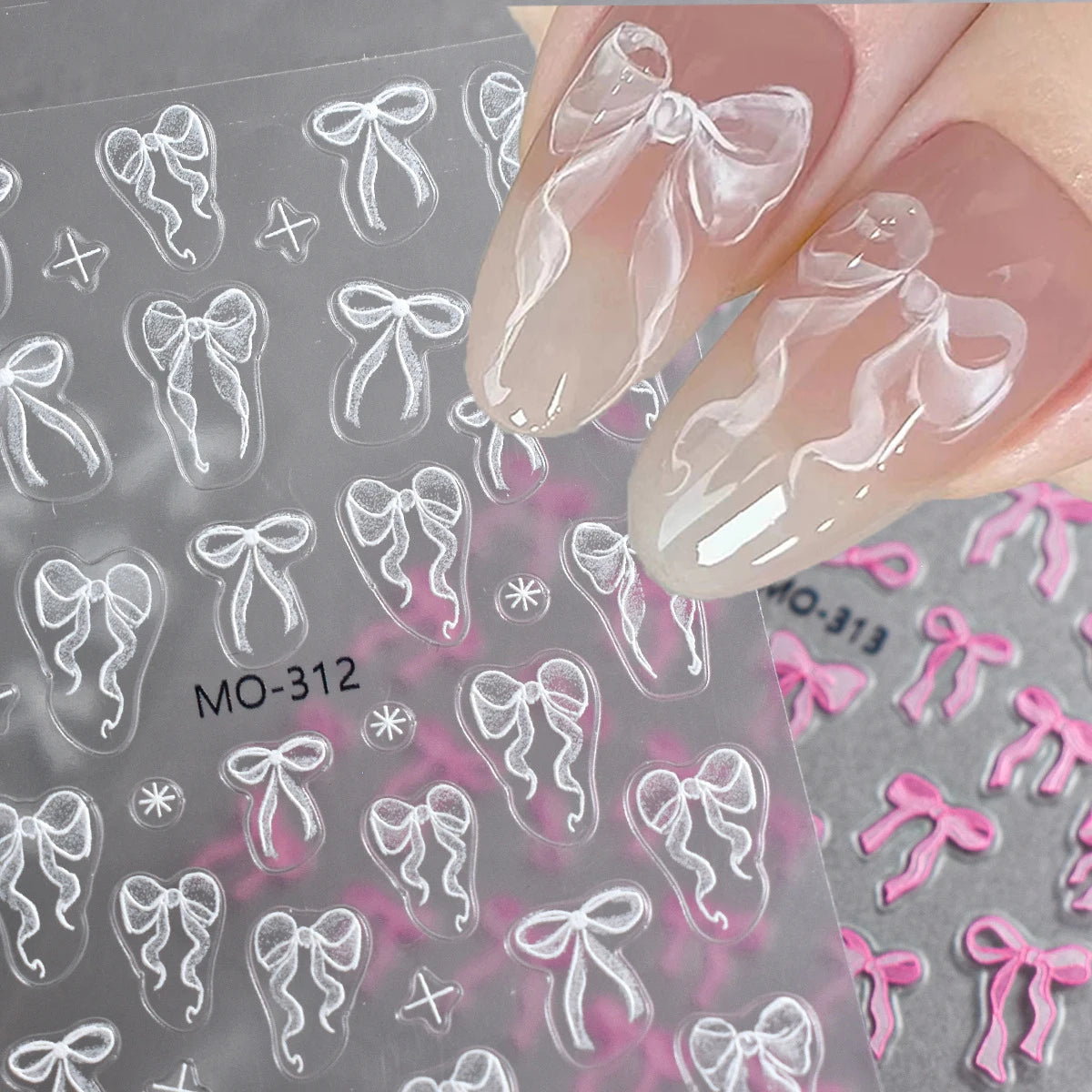 Bowknot Nail Stickers 3D Relief White Ribbon Cute Sweet Pink Self-Adhesive Nail Art Decoration Decals For Nail Tips Manicures
