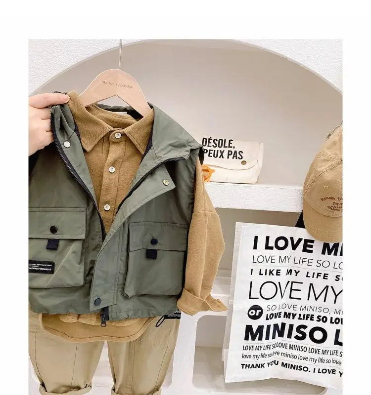 Children's Zipper Vest Spring Autumn Korean New Big Pocket Vestcost Boys Versatile Windproof Hooded Sleeveless Inner Lining Coat