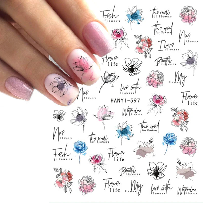 3d Nail Art Decals Elegant White RoyalBlue Roses Flowers Adhesive Sliders Nail Stickers Decoration For Nail Manicure