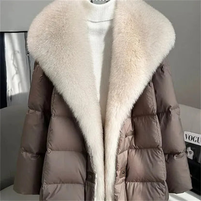 High end Faux Fox fur detachable Large Lapel fur Down Jacket For women 2025 Winter New Medium long Loose White goose Down Coats
