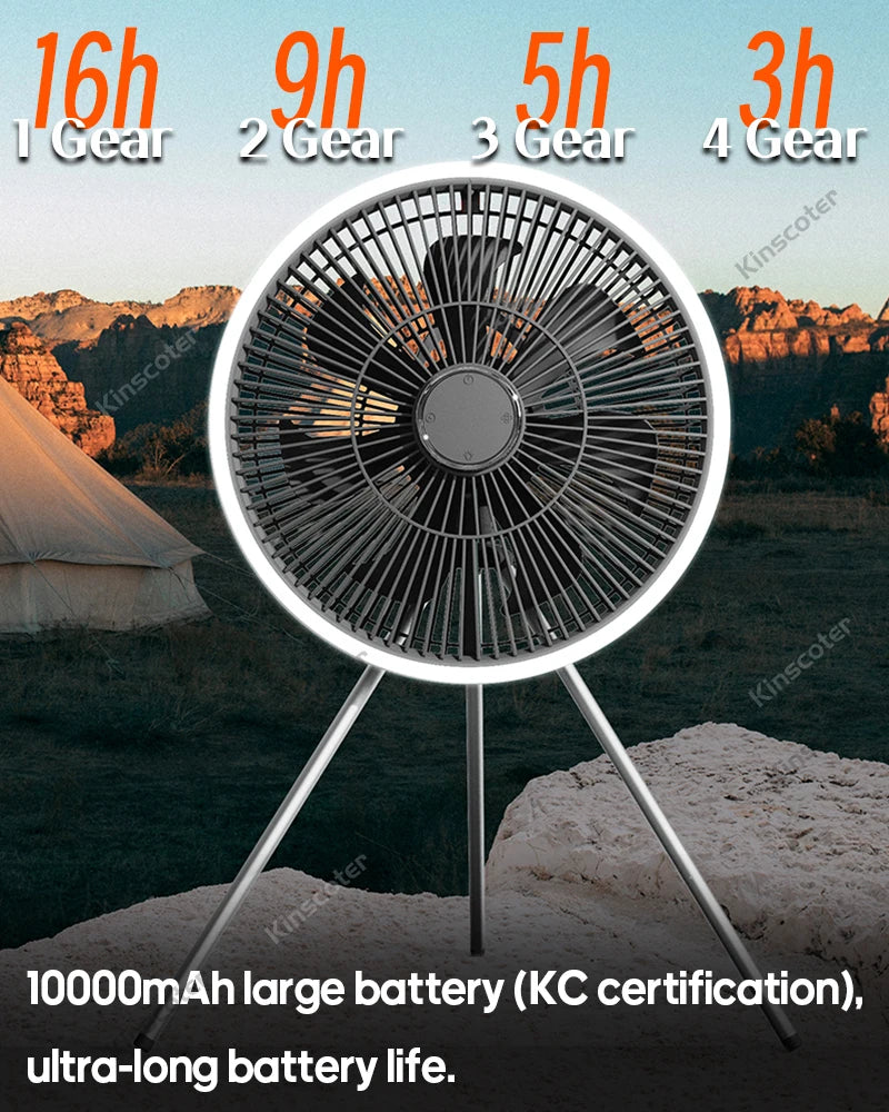 KINSCOTER 10000mAh Outdoor Camping Fan, 11inch Large Ceiling Fan with LED Lighting, Multifunction Air Circulator Cooler Fan