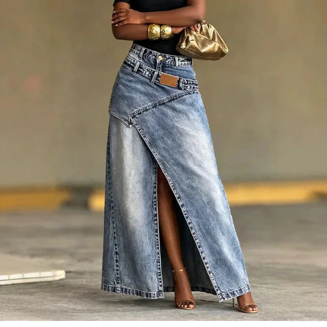 Fashion Distressed Wash Retro Denim Maxi Skirt Women's High Waist Asymmetric Wrap Front Slit Decor Stitching Long Jean Skirt New