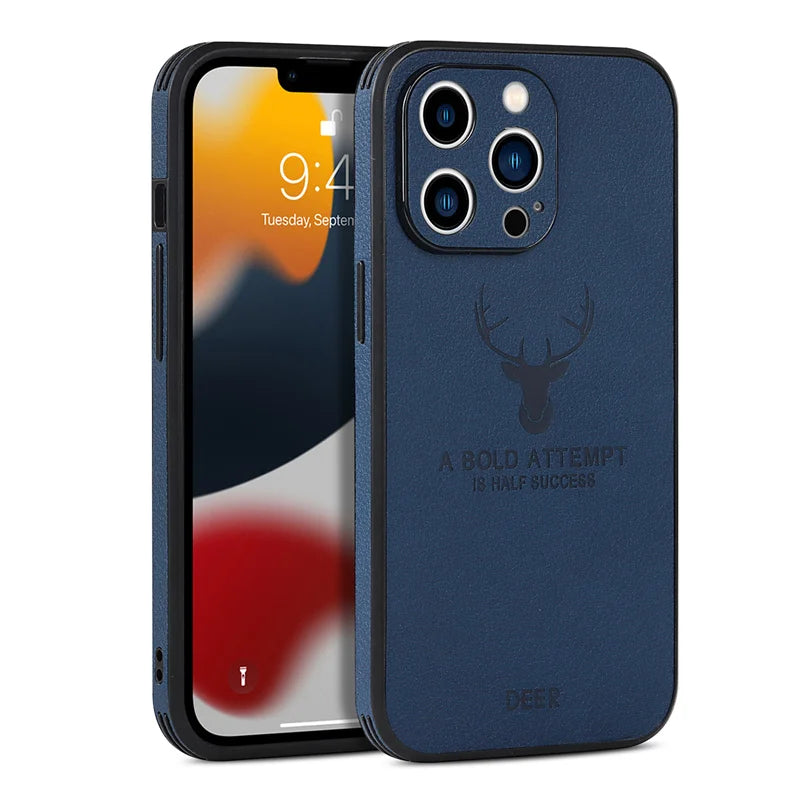 Luxury Business Leather Bumper Case For iPhone 17 Air 16 15 14 13 12 11 Pro Max Mini Plus Shockproof Soft Deer Head Back Cover
