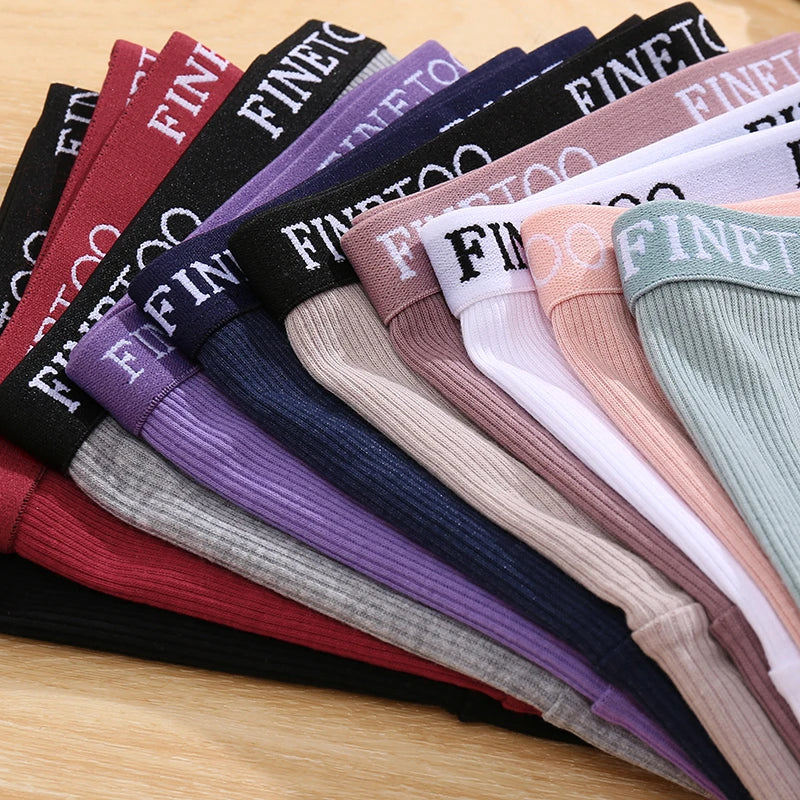 FINETOO 4Pcs Cotton Striped Underwear Women's Panties Letter Belt Briefs Ladies Low Waist Lingerie Solid Breathable Underpants