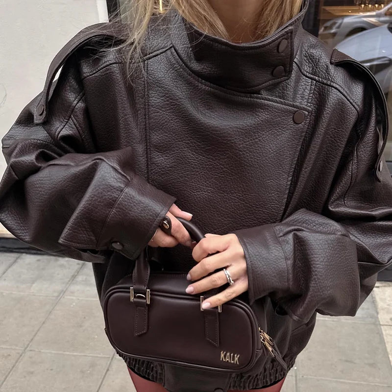Women's Faux Leather Jacket 2025 New Fashion Autumn Black Long Sleeve Pebble Jacket Motorcycle Style Personality Ladies Jacket