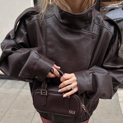 Women's Faux Leather Jacket 2025 New Fashion Autumn Black Long Sleeve Pebble Jacket Motorcycle Style Personality Ladies Jacket