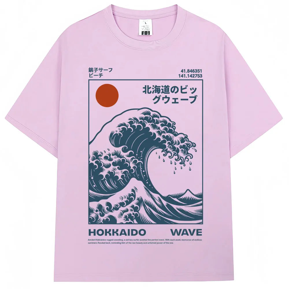 Japanese Style Hokkaido Wave Vintage T-shirt Men Women Harajuku Fashion High Quality T Shirts Oversized Cotton Summer Tee Shirt