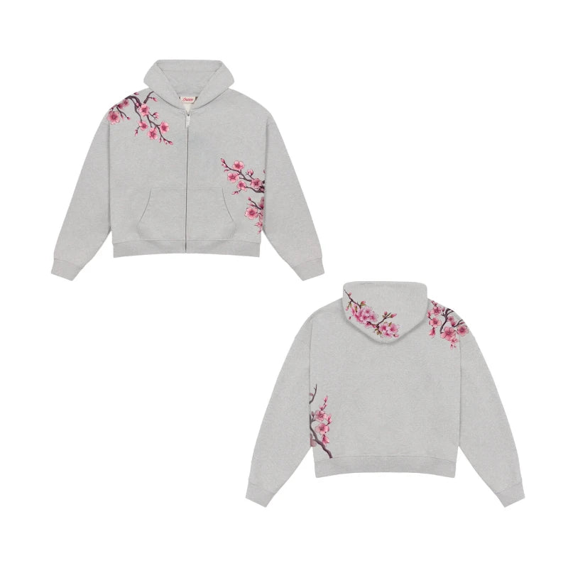 2025 Autumn/Winter Fashion Cherry Blossom Embroidery Patch Zipper Hoodie for Men and Women Y2K Harajuku Retro Gothic Casual Clow