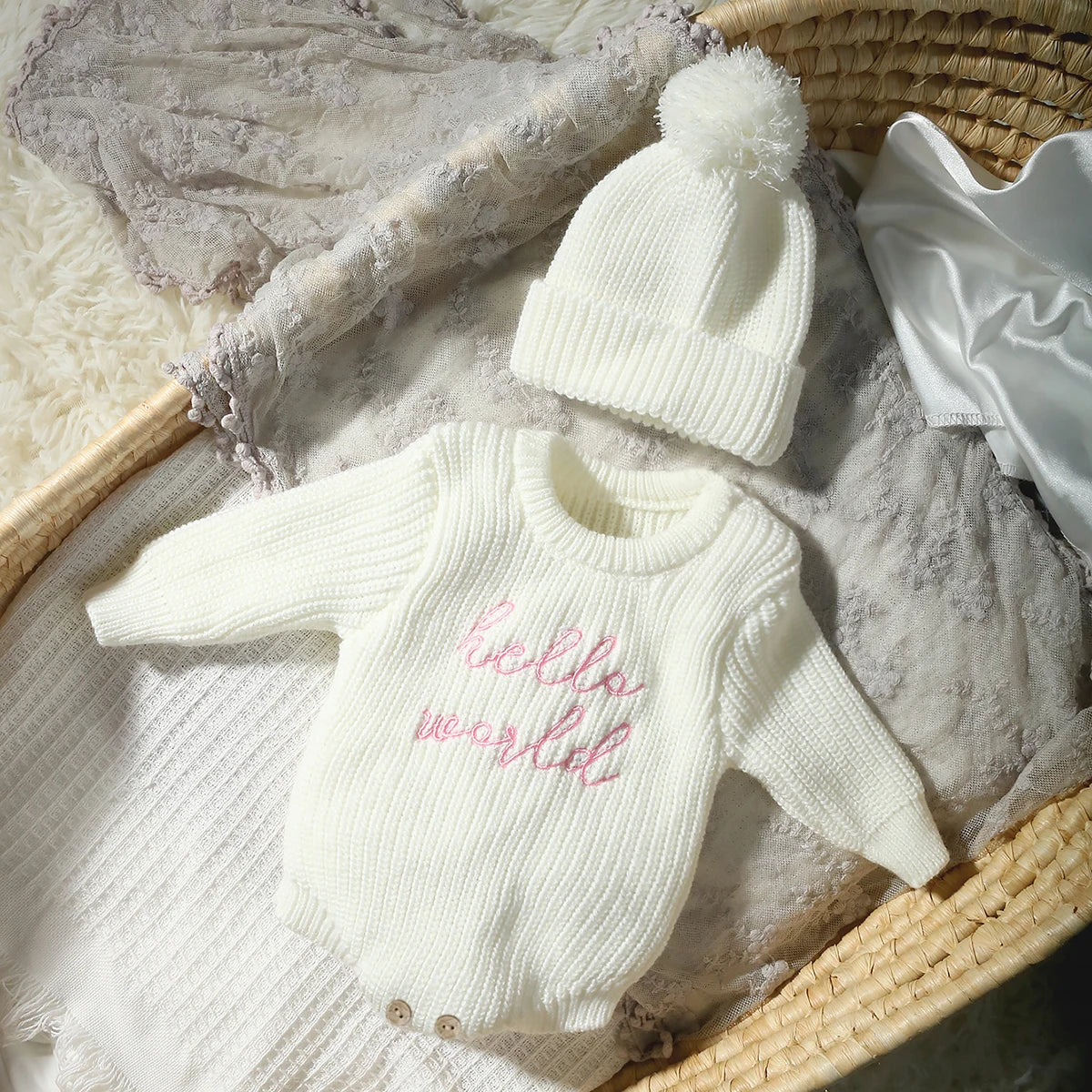 Ylsteed Hello World Knitting Newborn Photography Romper with Matching Pomp Hat Baby Boy Girl Sweater Outfits for Photo Shooting