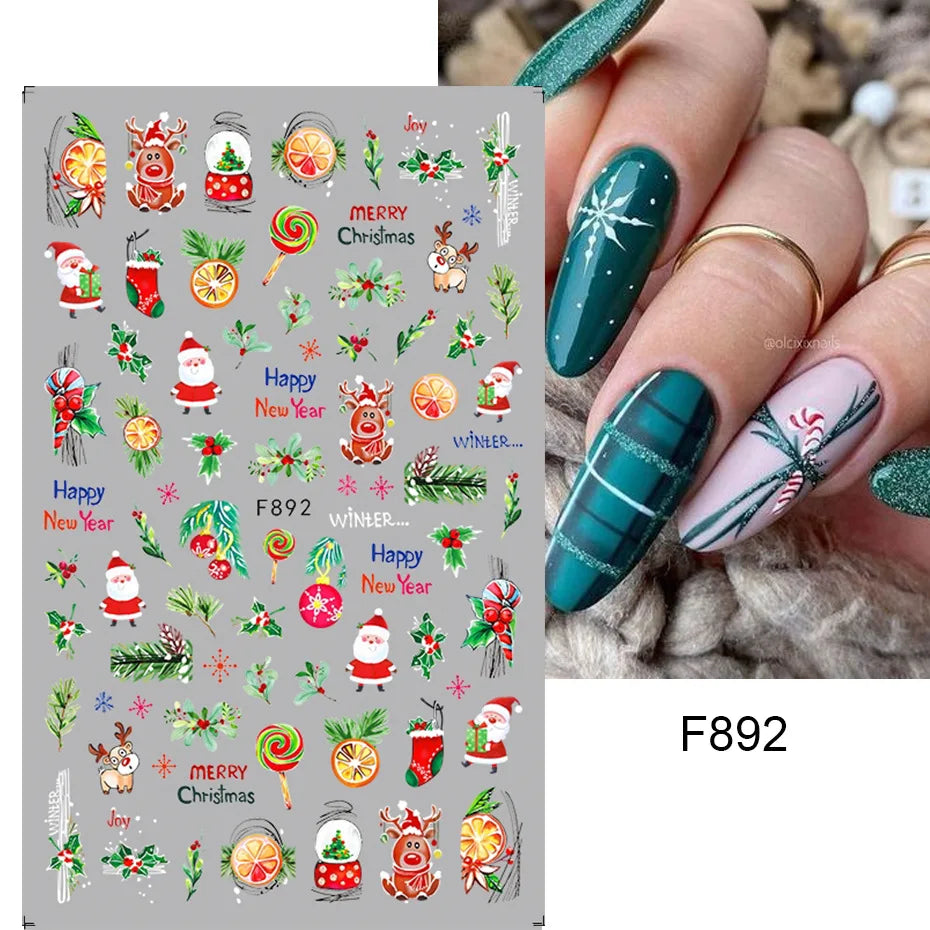 1PCS New Christmas Decorations 2023 New Year Nail Stickers Press on Nails Laser Snowflake Christmas Tree 3D Nail Decal