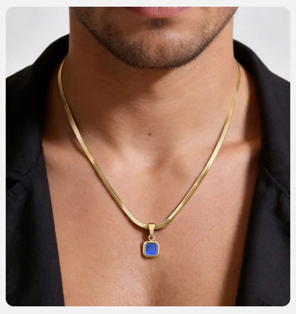 Vnox Geometric Square Natural Stone Pendant Necklace for Men, Gold Silver Color Stainless Steel Blade Chain, Trendy Jewelry Gift