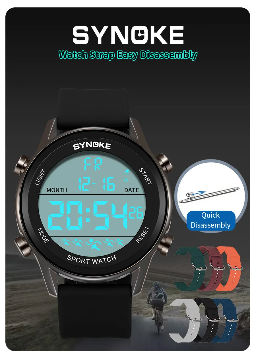 SYNOKE Men Outdoor Sports Multifunctional Waterproof Large Screen Display Luminous LED Digital For Men Fashion Silicon Watch