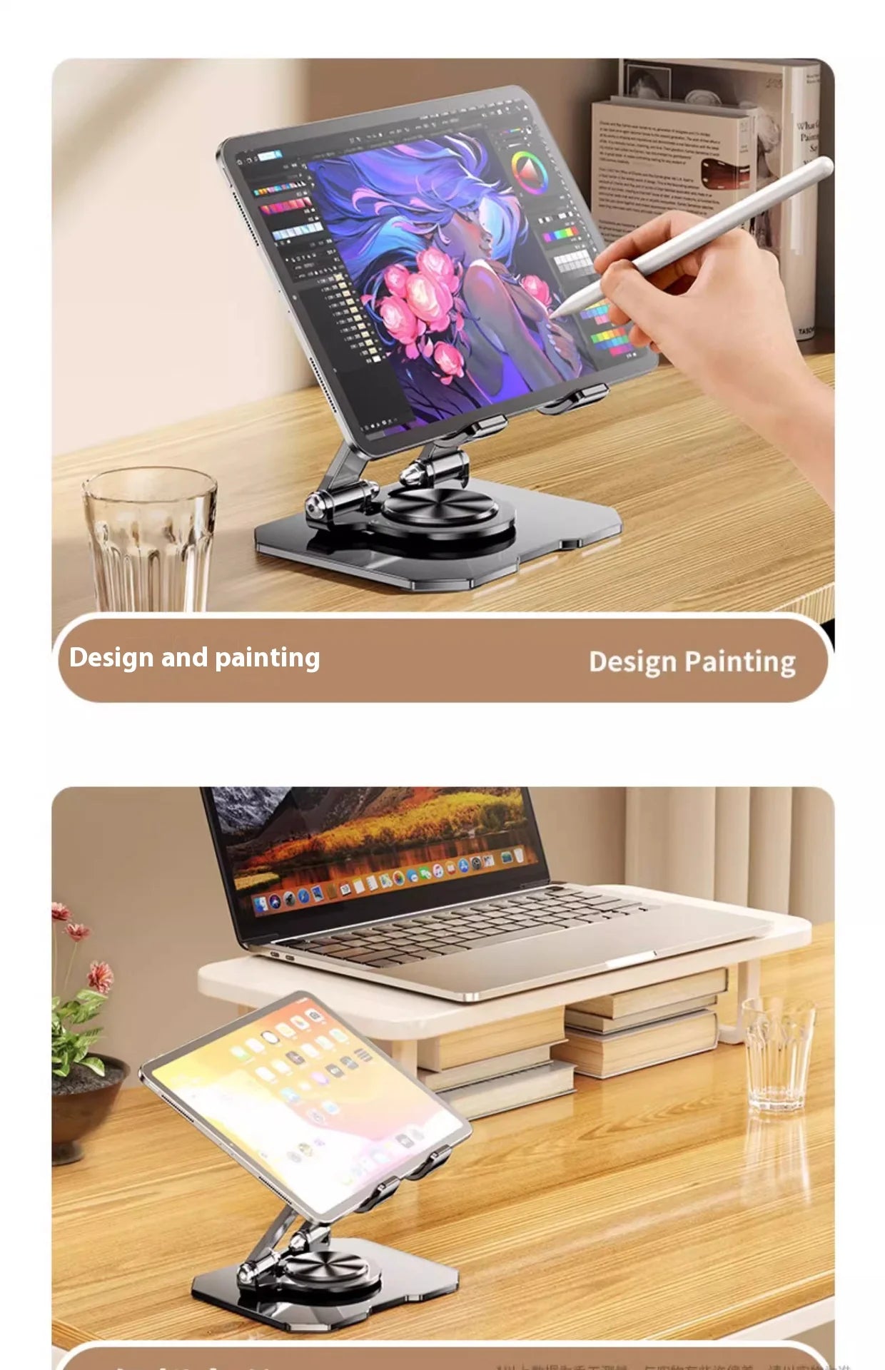 360° Rotating Metal Tablet Stand Foldable Adjustable Desktop Holder Carbon Steel Base Heat Dissipation For Tablet Phone