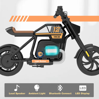 RCB KIDS Kids Electric Motorcycle R9, 200W 24V Rechargeable Ride On Toy, 3 Speed Adjustable, Bluetooth Music LED Light, Max Load 80kg, Outdoor Racing Toy for Children 6+