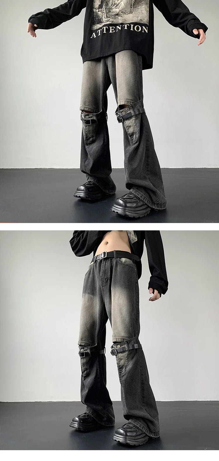 Men's Jeans Retro Trousers Knee Holes Splicing High Street Loose Denim Trousers Flared Jeans Straps Cowboy Casual Long Pants